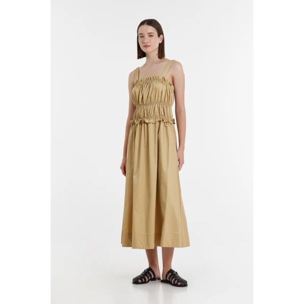 Devotion Twins REA Midi Dress Smocked Tie Shoulder College Beige Size Small